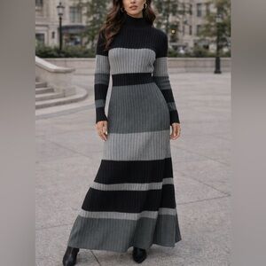 Striped Rib-Knit Long Sleeve Maxi Dress - Black & Gray